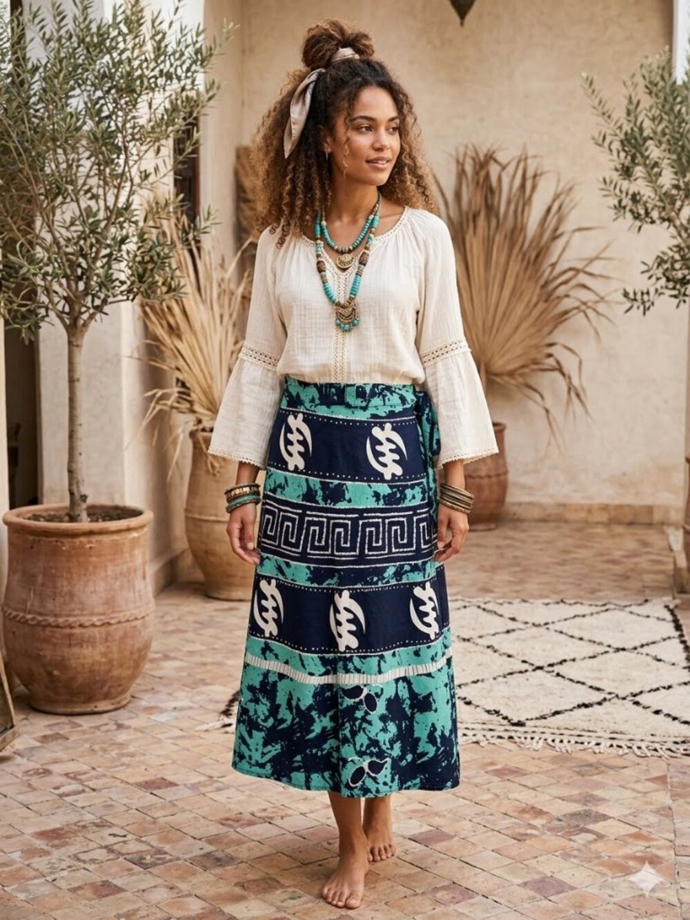 Belma Women Size Large Blue Tribal Print 100% Cotton Belt Loop Adjust Wrap Skirt